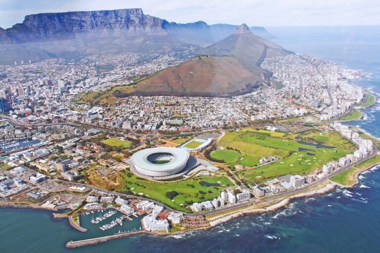 Aerial view of Cape Town with the stadium and Table Mountain
