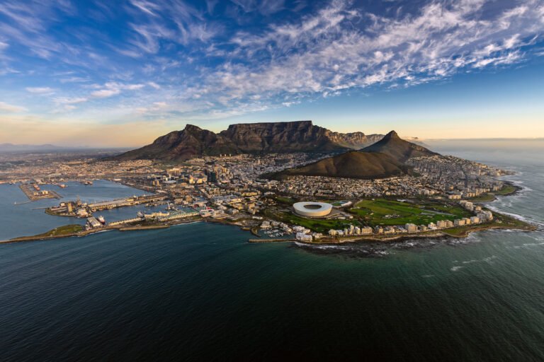 Aerial view of Cape Town and Table Mountain from the sea