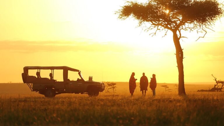 A safari vehicle and three people beneath an acacia tree at sunset