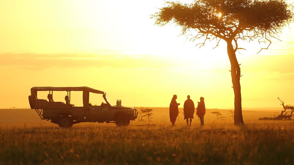 A safari vehicle and three people beneath an acacia tree at sunset